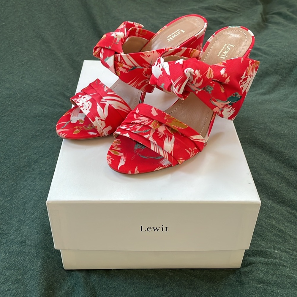Lewit Satin Poppy Red Floral Block Heels